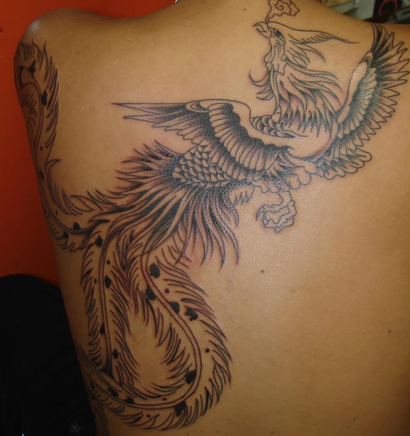 Black and White Phoenix Bird Back Tattoo
