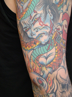 Full Color Tattoo Sleeve With Snakes Skulls And Fire Tattoo Sleeve
