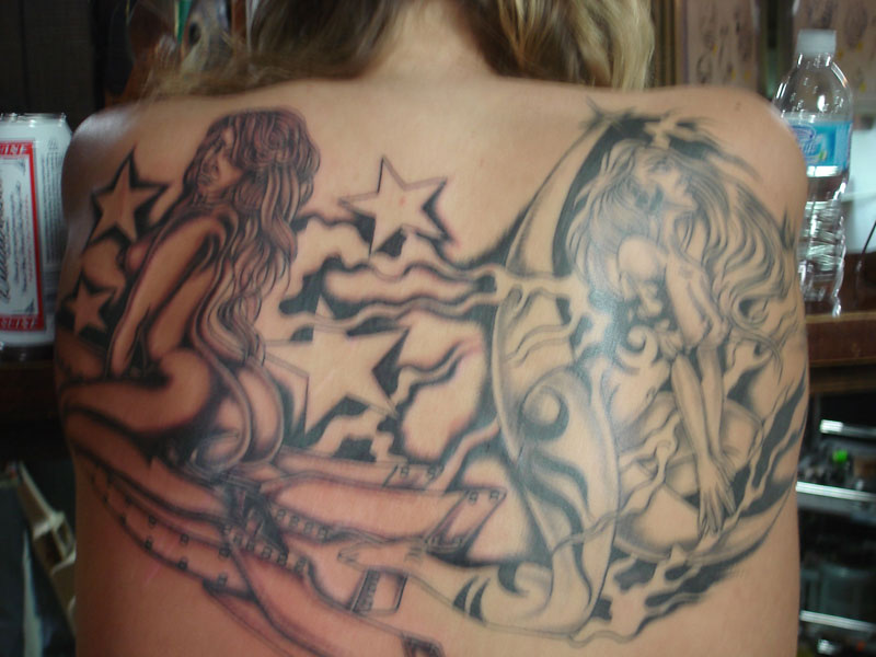 Full Back Tattoo Ladies Riding Rockets full back tattoos for women